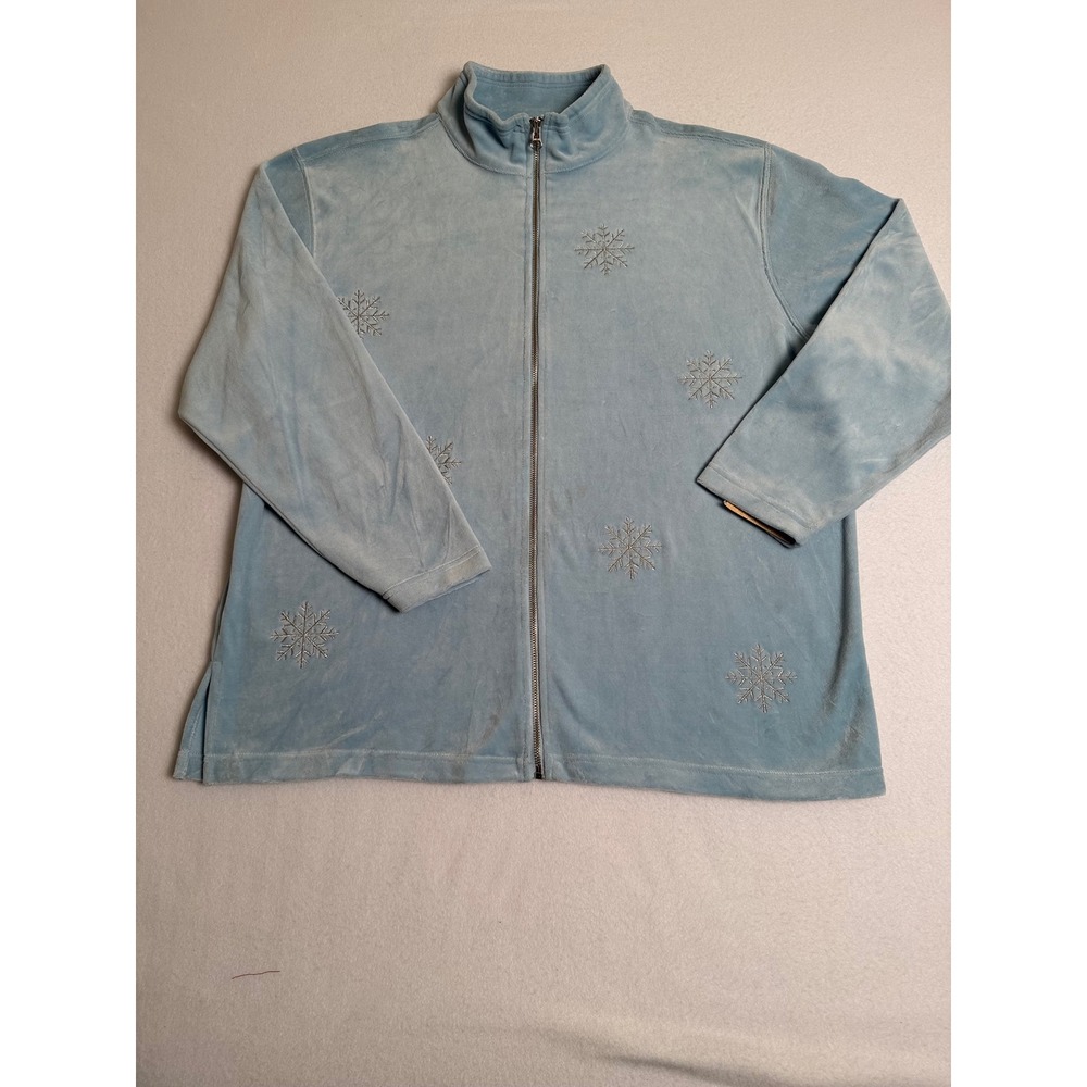 Cherokee Womens Light Blue Velour Snowflake Zip Up Jacket Mock Neck Large NWT